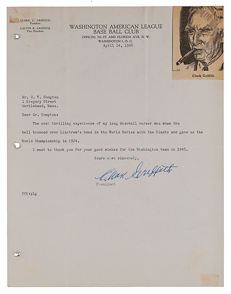 Clark Griffith 1948 "Most Thrilling Experience" Signed Letter with 1924 World Series Content with Full JSA LOA