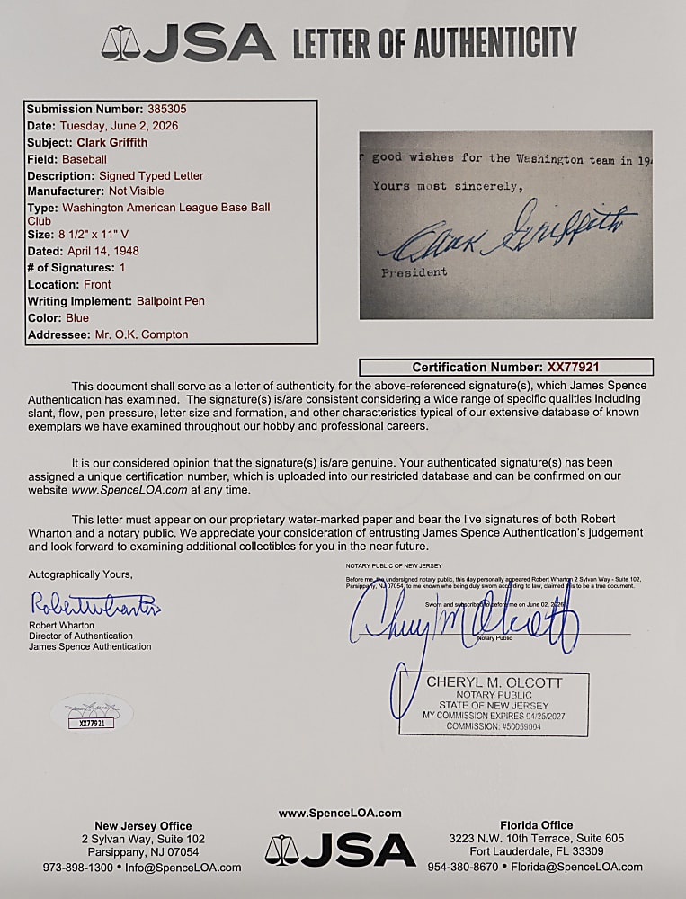 Clark Griffith 1948 "Most Thrilling Experience" Signed Letter with 1924 World Series Content with Full JSA LOA