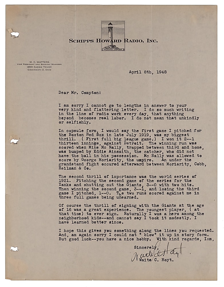Waite Hoyt 1948 "Most Thrilling Experience" Typed Letter Signed with 1919 1st Big League Game Including Ty Cobb Brawl Content