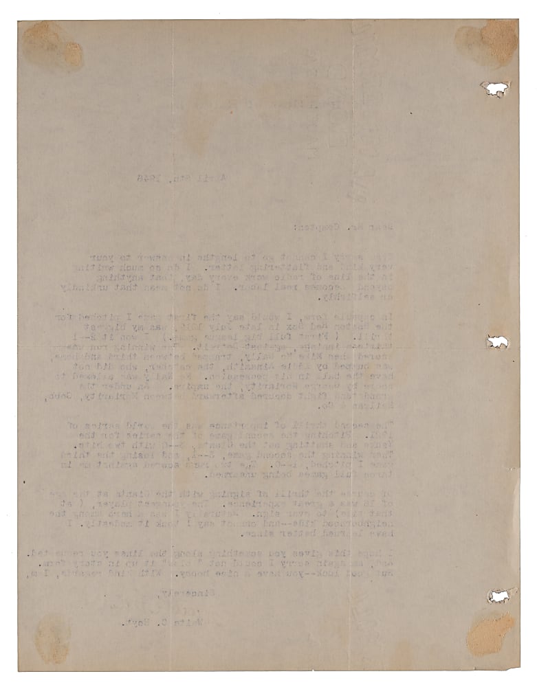 Waite Hoyt 1948 "Most Thrilling Experience" Typed Letter Signed with 1919 1st Big League Game Including Ty Cobb Brawl Content