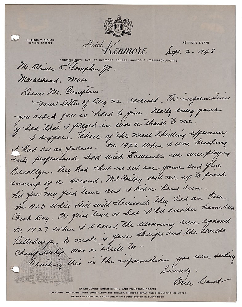 Earle Combs 1948 "Most Thrilling Experience" Signed Handwritten Letter with 1927 World Series Winning Run Content