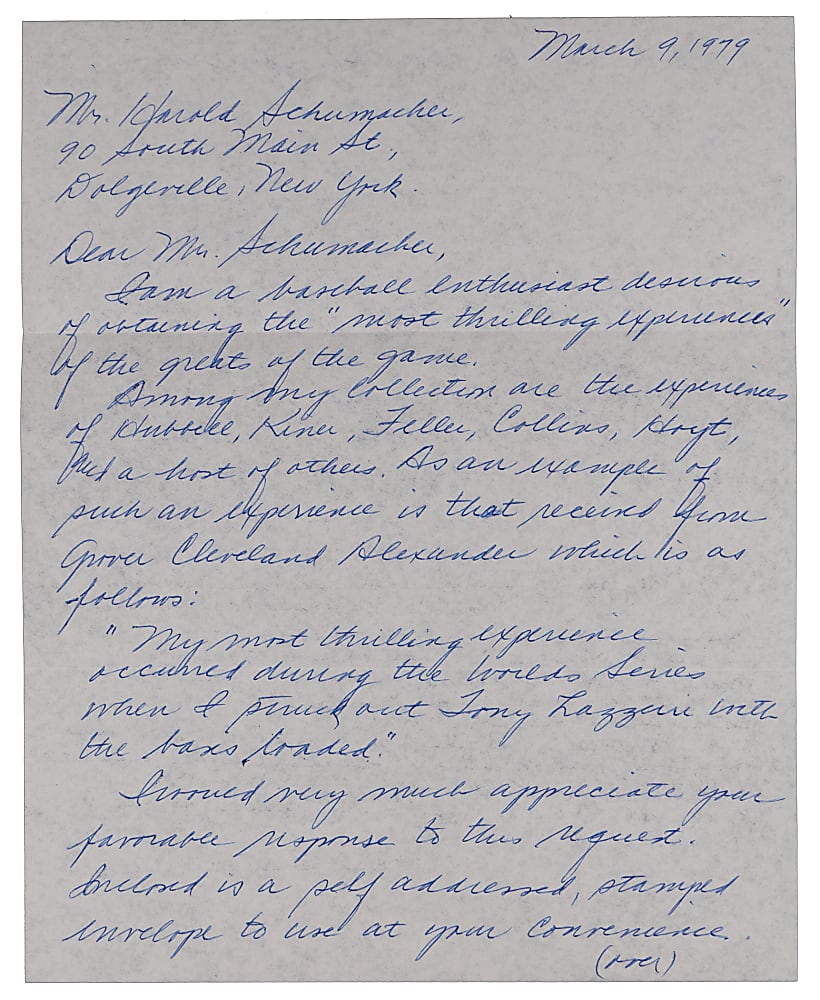 Hal Schumacher 1979 "Most Thrilling Experience" Signed Handwritten Letter Response with 1936 World Series Content About Pitching to Gehrig, DiMaggio, Dickey with Bases Loaded!