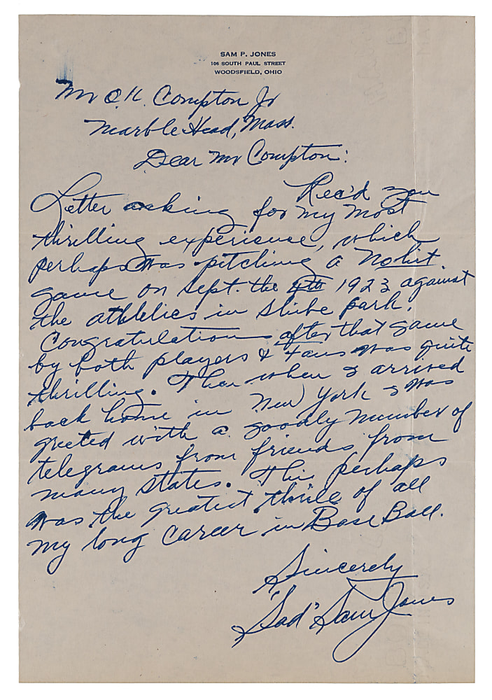 "Sad" Sam Jones "Most Thrilling Experience" Signed Handwritten Letter with 1923 No-Hitter Content