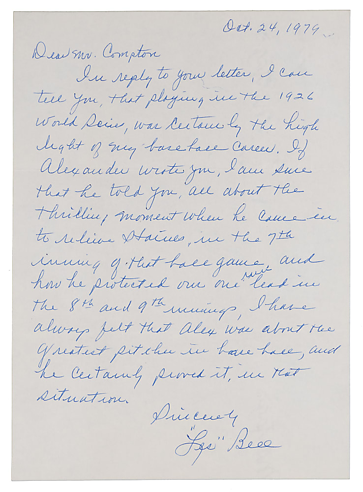 Les Bell 1979 "Most Thrilling Experience" Signed Handwritten Letter with 1926 World Series/Grover Cleveland Alexander Protects 1-Run Lead Content