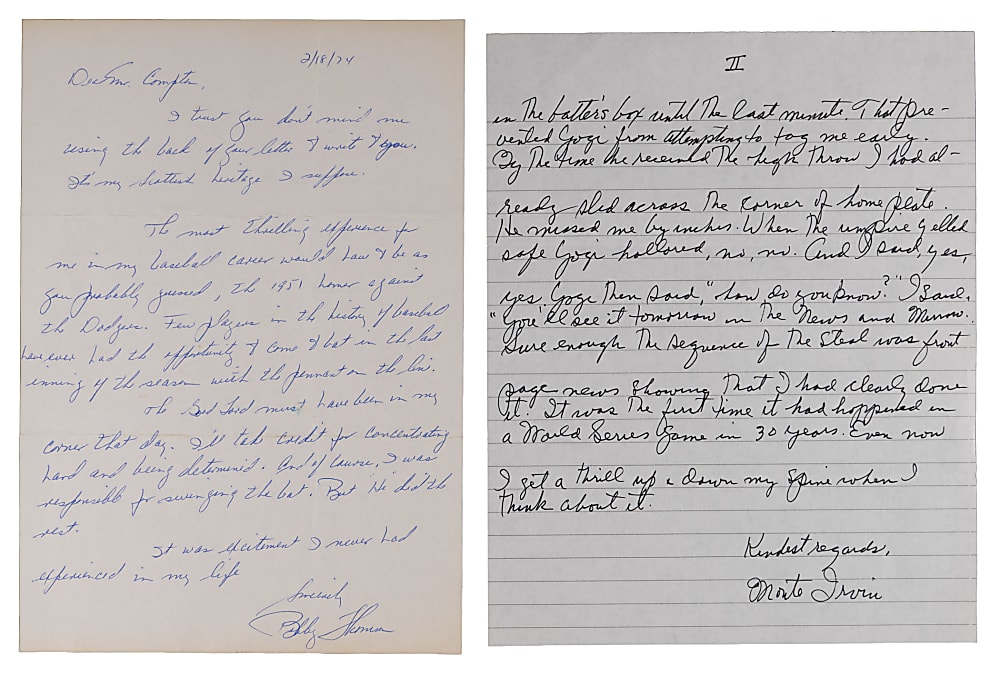Bobby Thomson & Monte Irvin "Most Thrilling Experience" Signed Handwritten Letter Pair with "Shot Heard 'Round the World" & 1951 World Series Content