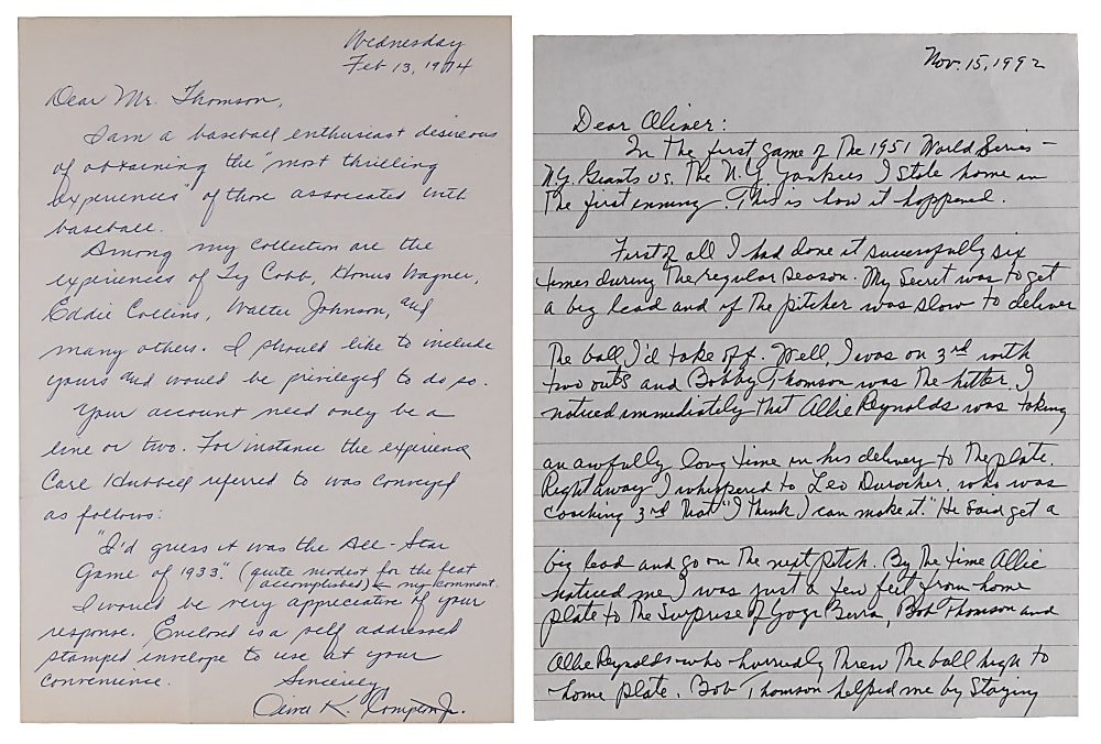 Bobby Thomson & Monte Irvin "Most Thrilling Experience" Signed Handwritten Letter Pair with "Shot Heard 'Round the World" & 1951 World Series Content