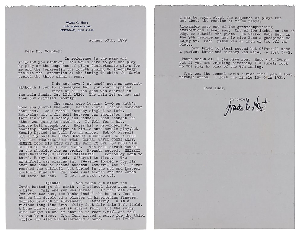 Waite Hoyt 1979 Typed Letter Signed with 1926 World Series Content Including Babe Ruth Home Run & Hornsby/Alexander Story