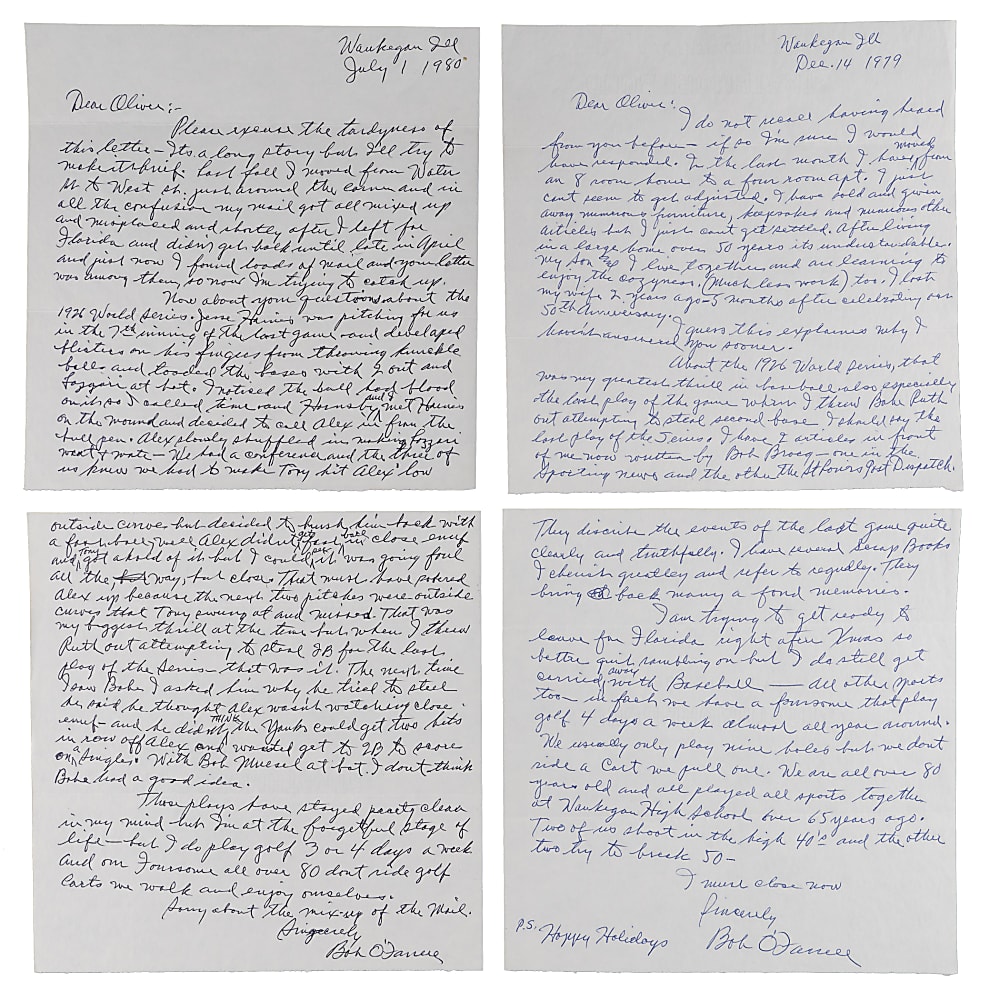 Bob O'Farrell 1979 Signed Handwritten Letter Pair - Both with 1926 World Series/Babe Ruth Thrown Out At Second Content