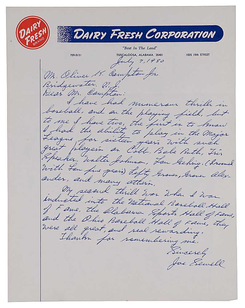 Joe Sewell 1980 "Most Thrilling Experience" Signed Handwritten Letter with Babe Ruth, Ty Cobb, Lou Gehrig Mentions