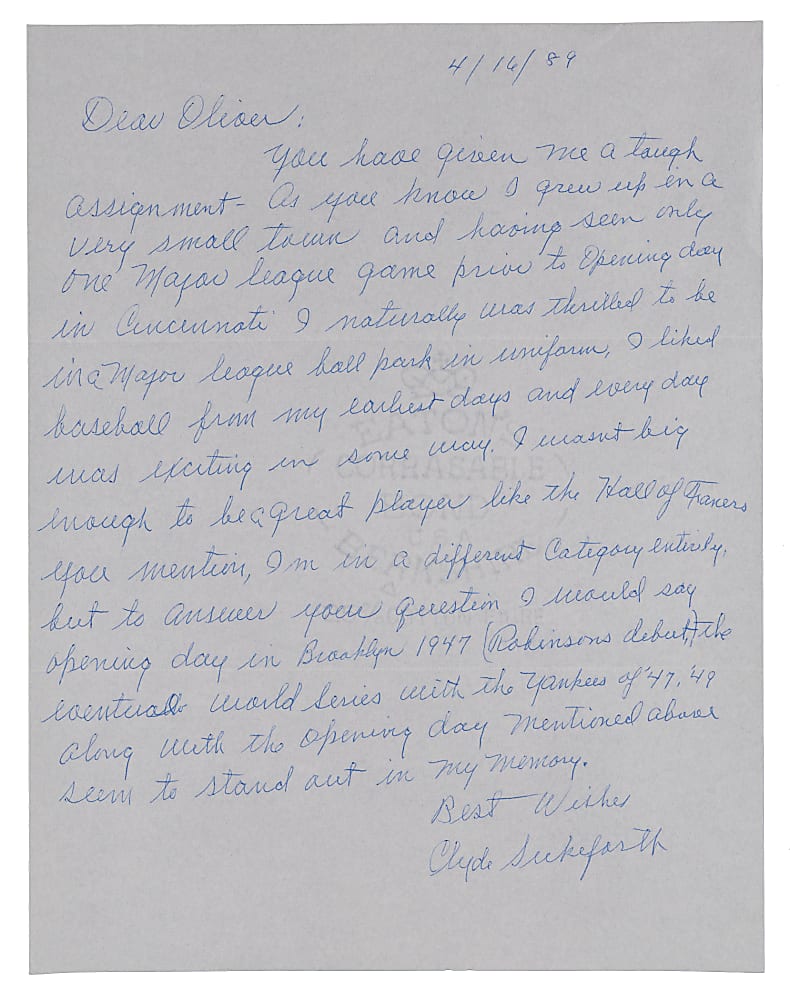Clyde Sukeforth 1989 "Most Thrilling Experience" Signed Handwritten Letter with 1947 Jackie Robinson Debut