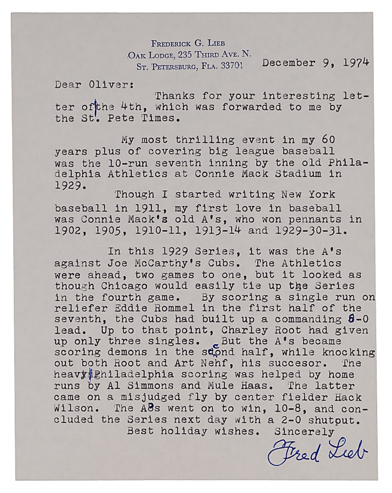 Fred Lieb 1974 "Most Thrilling Experience Typed Letter Signed - Covering 1929 World Series