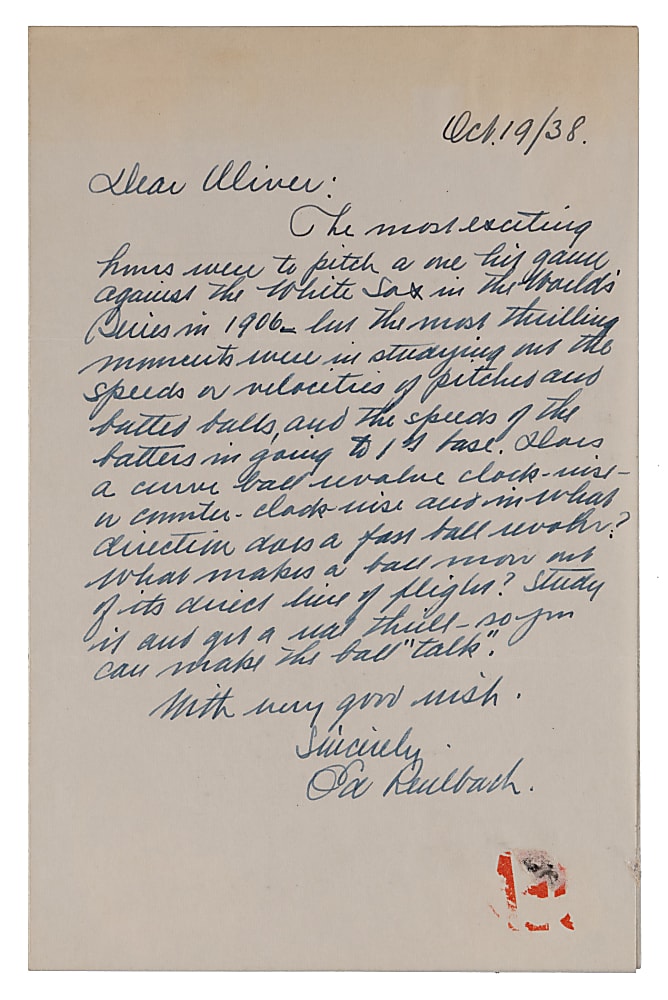 Ed Ruelbach 1938 "Most Thrilling Experience" Signed Handwritten Letter with 1906 World Series Content