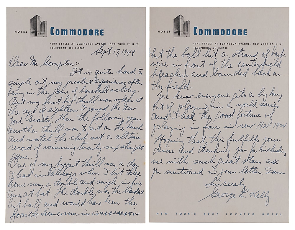 George L. Kelly 1948 "Most Thrilling Experience" Signed Handwritten 2-Page Letter with 3 Home Run/ 5-5 Game Plus 4-Straight World Series Content