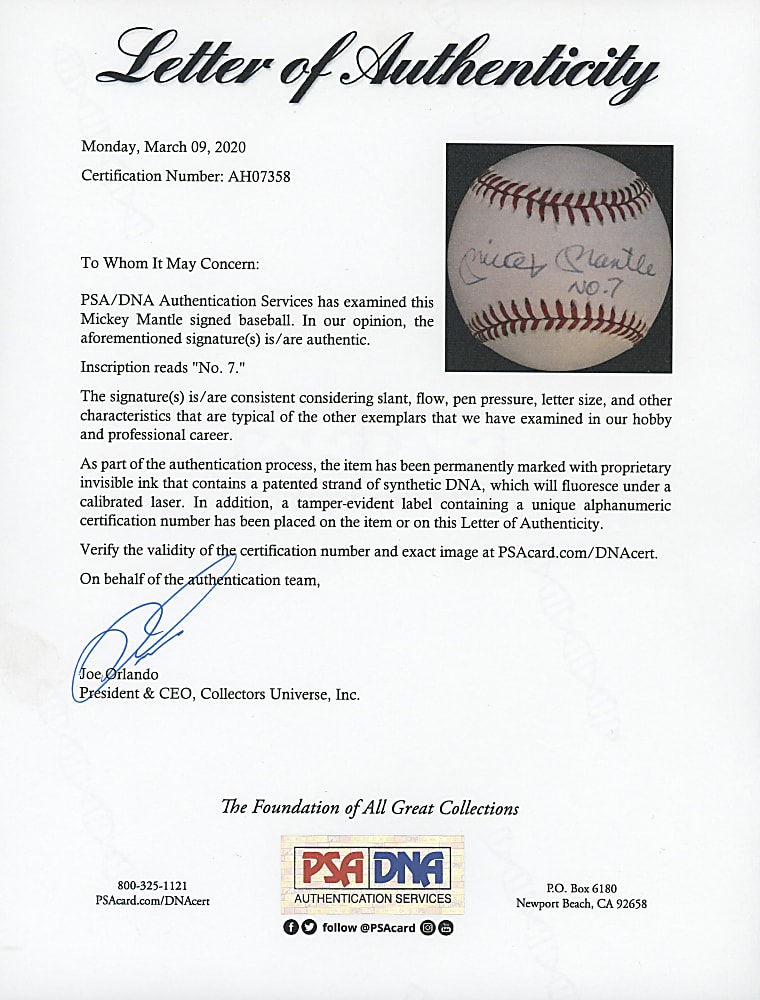 Mickey Mantle Single-Signed OAL/Brown Baseball with No. 7 Inscription - PSA/DNA LOA