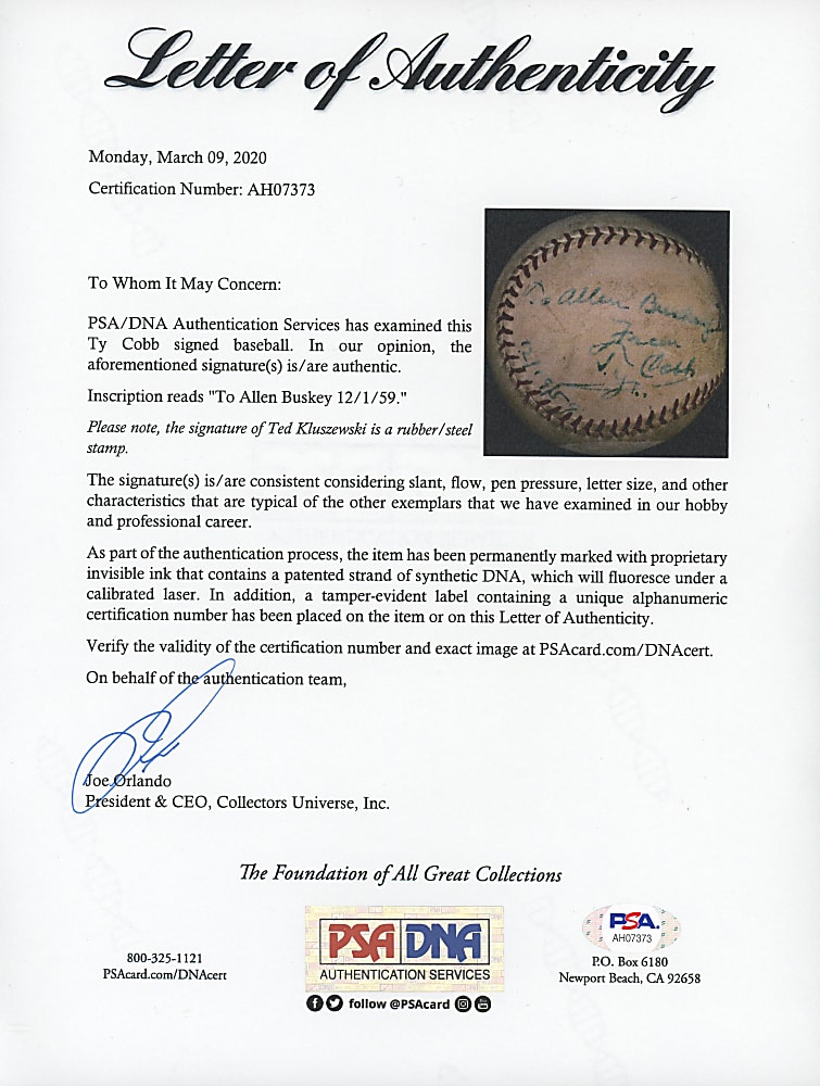 1959 Ty Cobb Single-Signed and Dated Baseball - Full PSA/DNA LOA