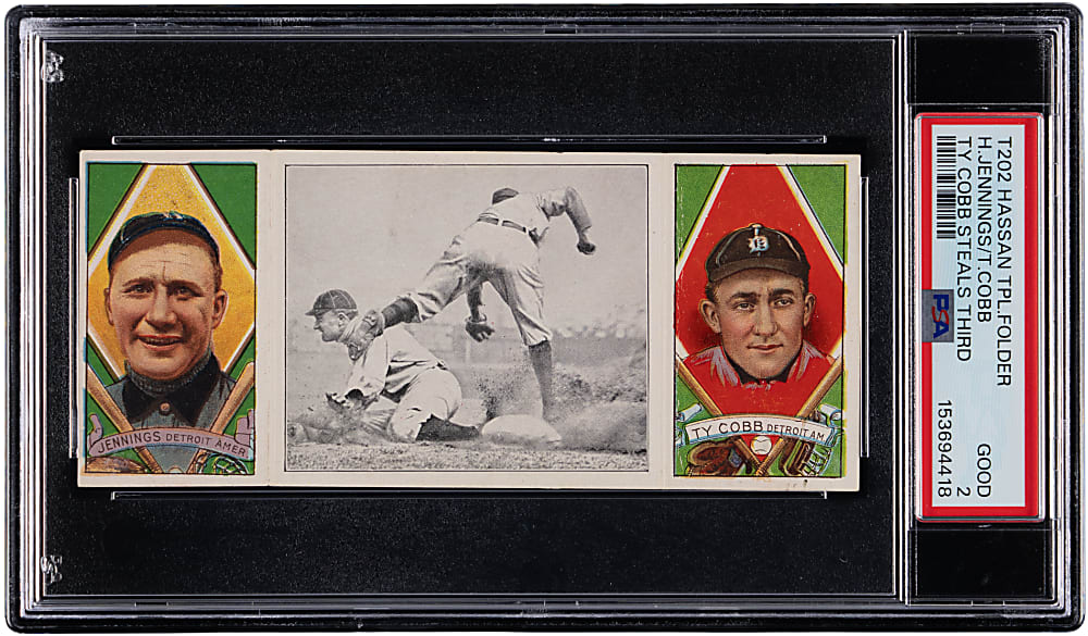 1912 T202 Hassan Triple Folder "Ty Cobb Steals Third" Ty Cobb/Hughie Jennings PSA GOOD 2