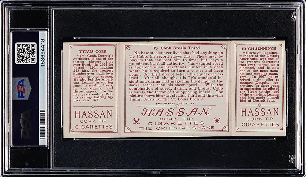 1912 T202 Hassan Triple Folder "Ty Cobb Steals Third" Ty Cobb/Hughie Jennings PSA GOOD 2