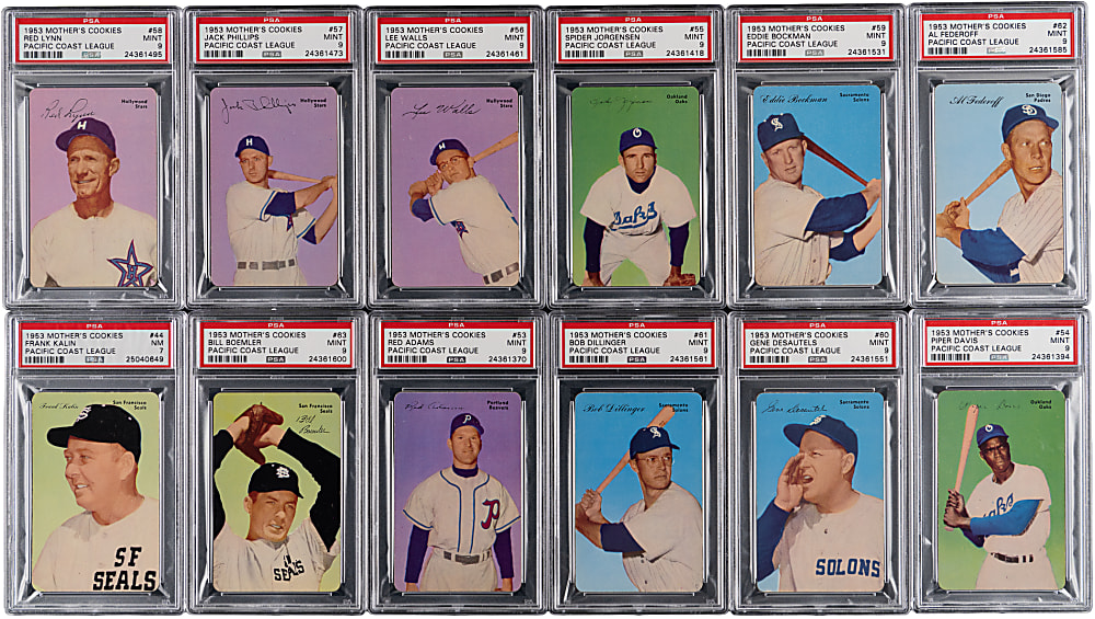 1953 Mother's Cookies Pacific Coast League Near Complete Set (59/63) with (12) PSA Graded Including (11) PSA MINT 9
