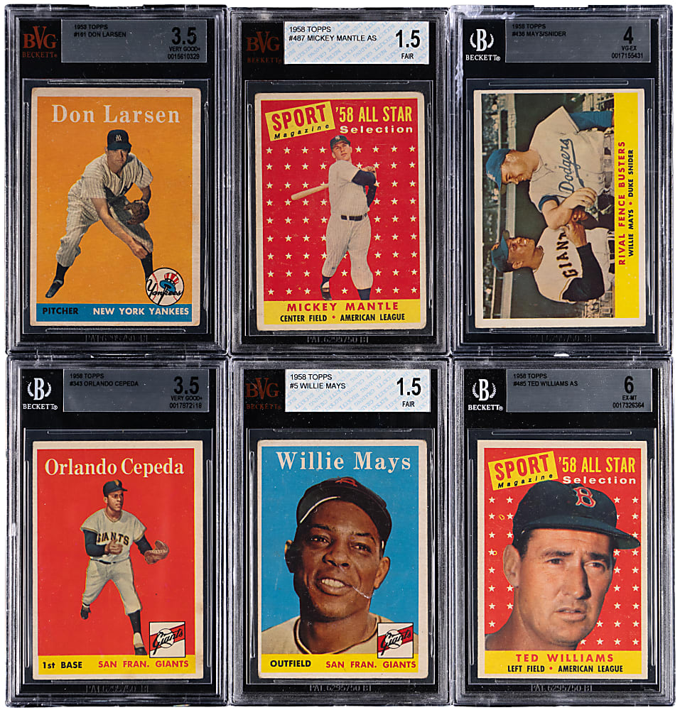 1958 Topps Hall of Fame & Star BVG Graded Group (6) with Cepeda Rookie, Mantle, Mays & T. Williams
