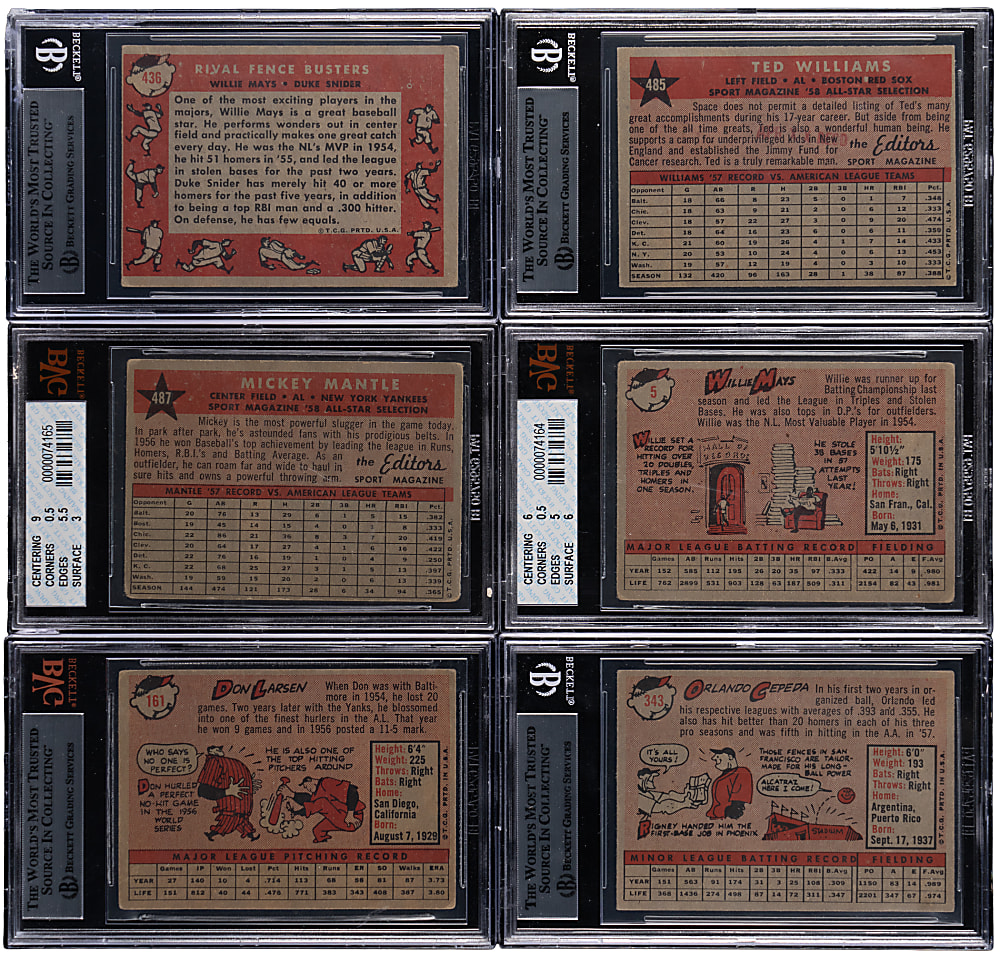 1958 Topps Hall of Fame & Star BVG Graded Group (6) with Cepeda Rookie, Mantle, Mays & T. Williams