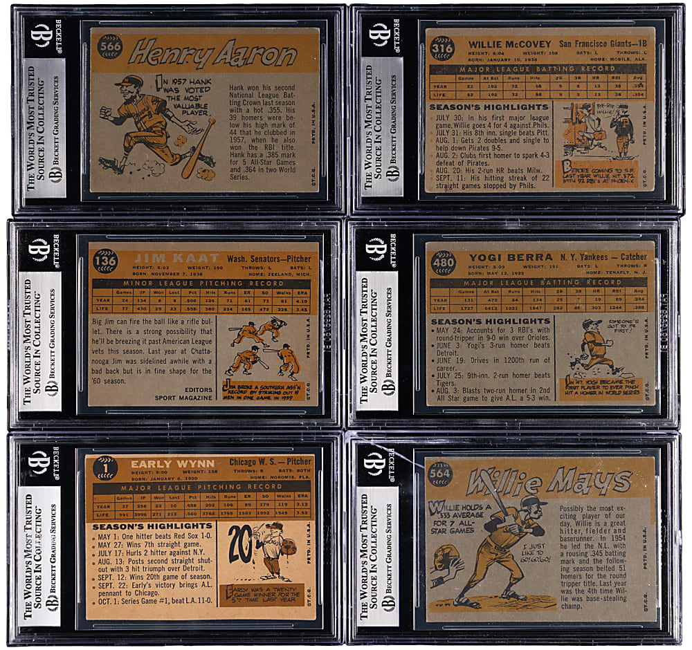 1960 Topps Hall of Fame BVG Graded Group (6) with Aaron, Mays & McCovey Rookie