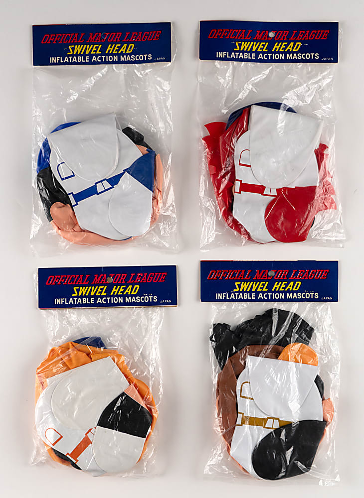 1960s Official Major League Swivel Head Inflatable Action Mascots in Sealed Original Packages (4) with New York Yankees