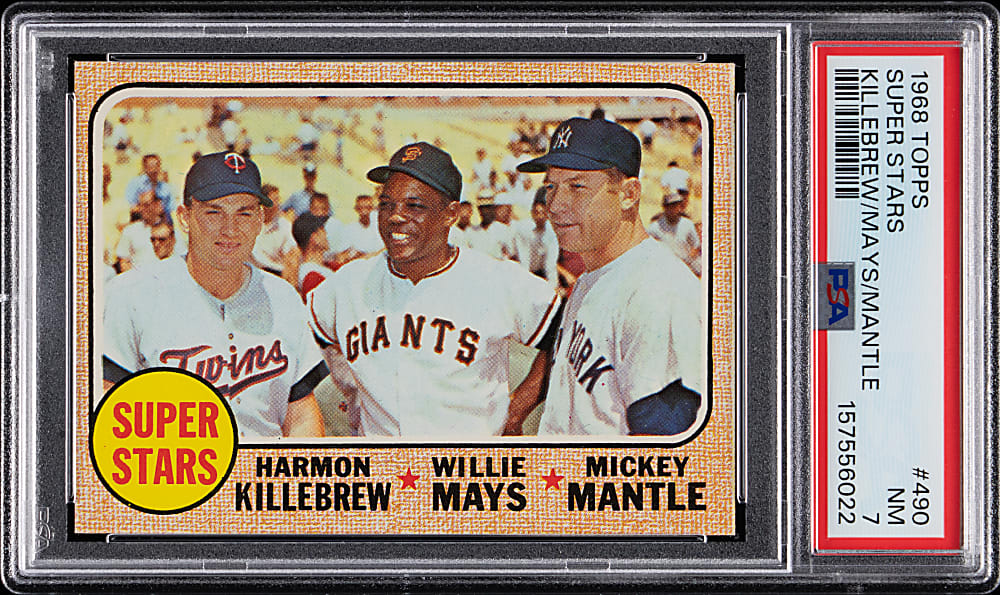 1968 Topps #490 Super Stars Harmon Killebrew/ Willie Mays/Mickey Mantle PSA NM 7