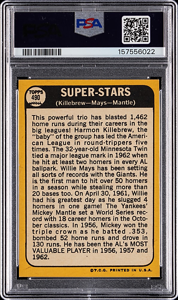 1968 Topps #490 Super Stars Harmon Killebrew/ Willie Mays/Mickey Mantle PSA NM 7