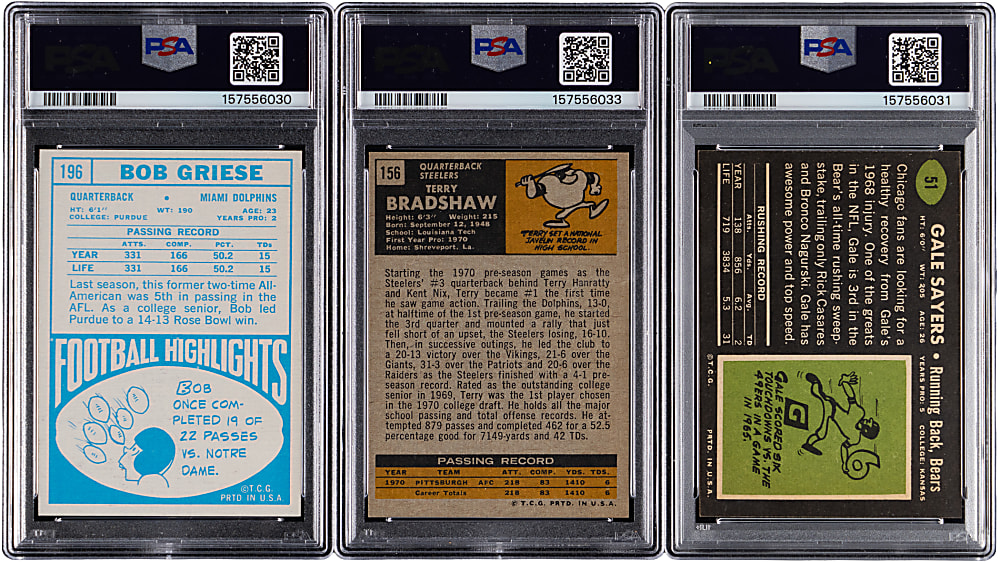 1968-1971 Topps Football Hall of Fame PSA Graded Trio with Terry Bradshaw & Bob Griese Rookies