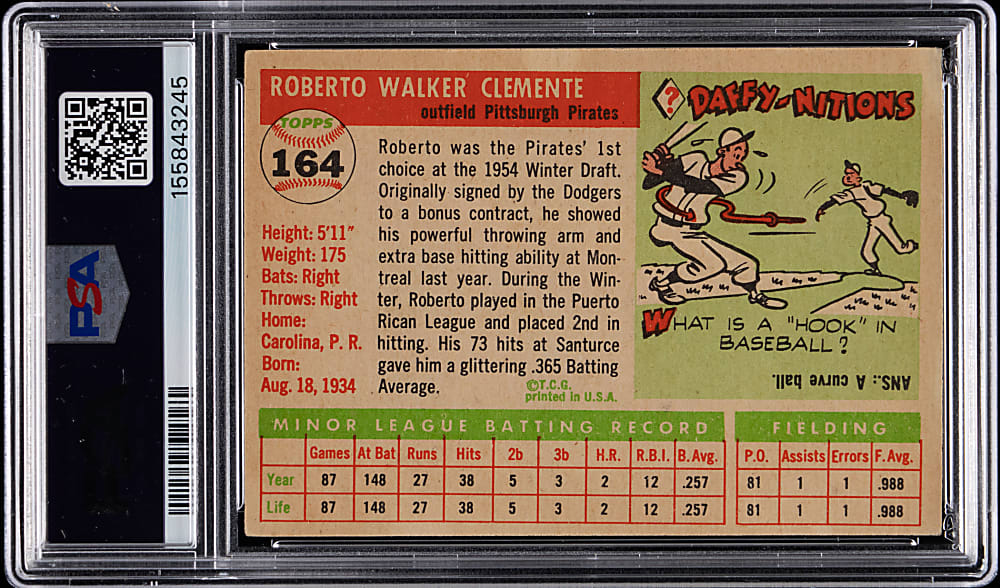 1955 Topps #164 Roberto Clemente Rookie PSA VG-EX 4