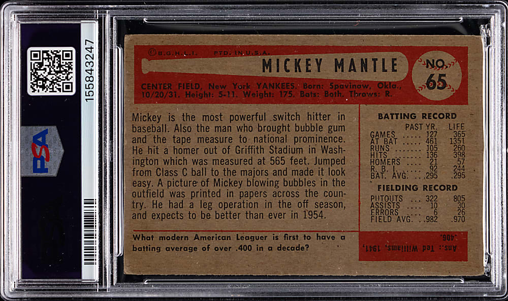 1954 Bowman #65 Mickey Mantle PSA GOOD+ 2.5