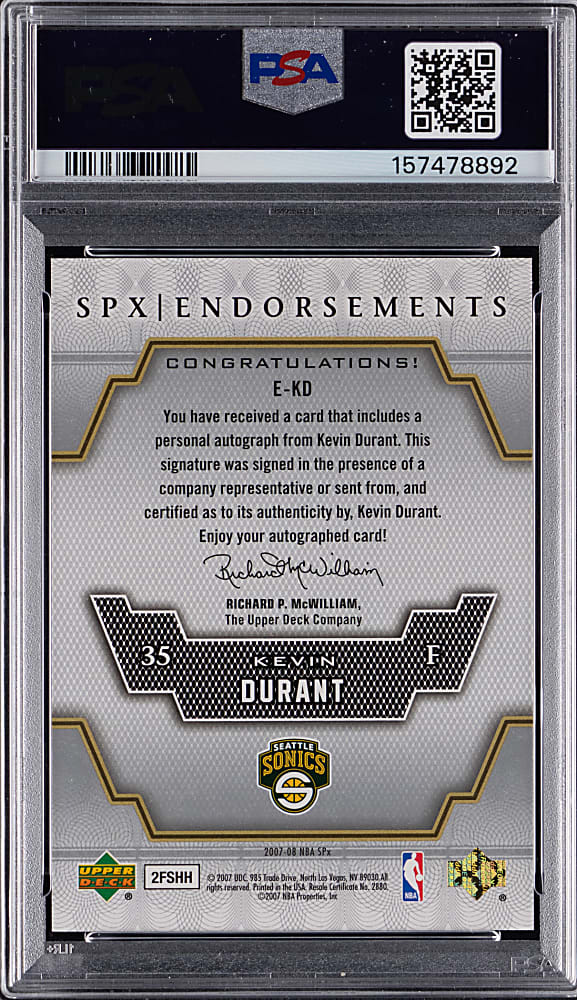2007-2008 SPx Basketball Endorsements Kevin Durant Signed Rookie PSA MINT 9/Auto 9