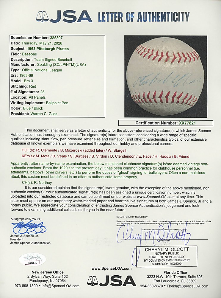 1963 Pittsburgh Pirates Team-Signed ONL/Giles Baseball with (25) Signatures Including Roberto Clemente, Bill Mazeroski, Willie Stargell (Rookie Year) Plus Full JSA LOA