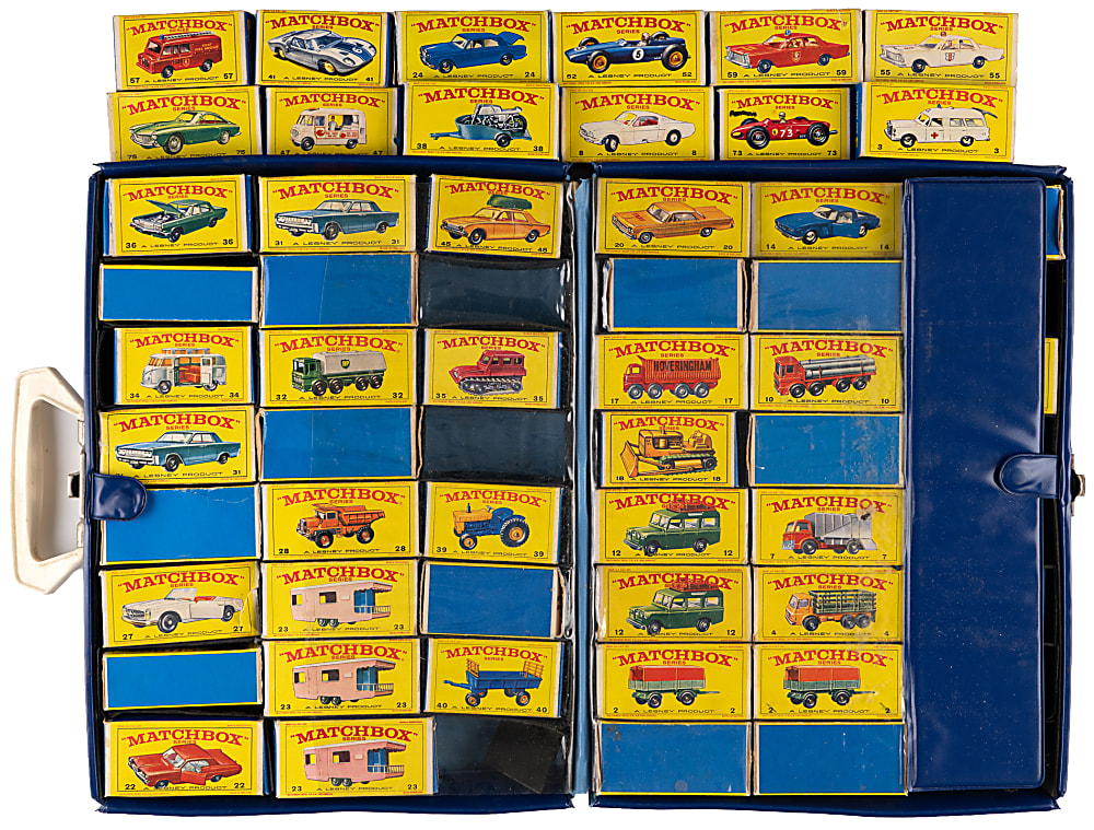 1965-1968 Matchbox 1-75 Series Collection (80) in Original E Series Factory Boxes with (2) 1966 Carrying Cases
