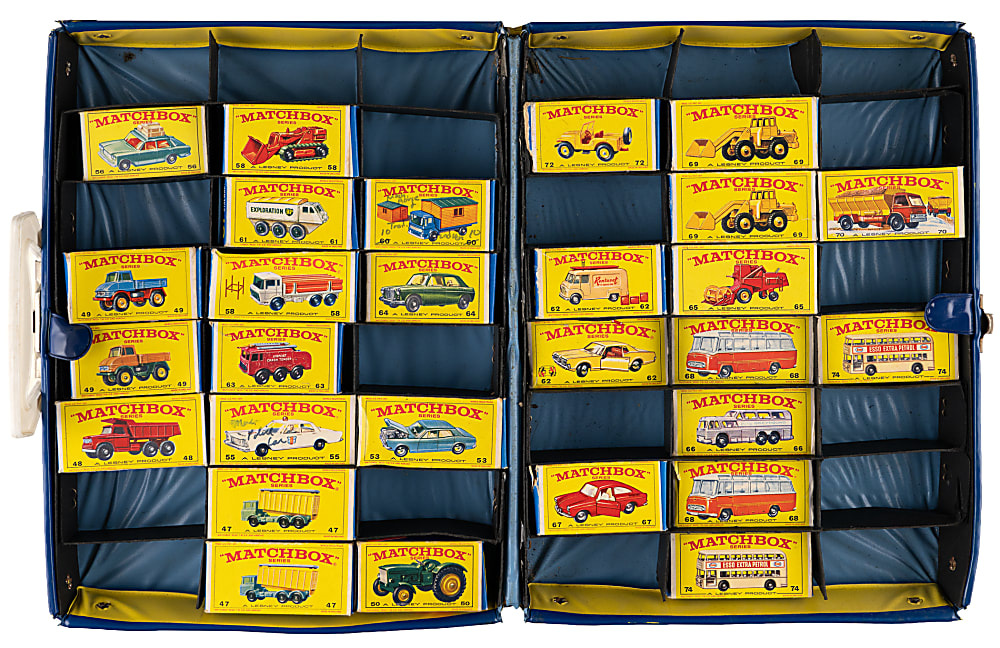 1965-1968 Matchbox 1-75 Series Collection (80) in Original E Series Factory Boxes with (2) 1966 Carrying Cases