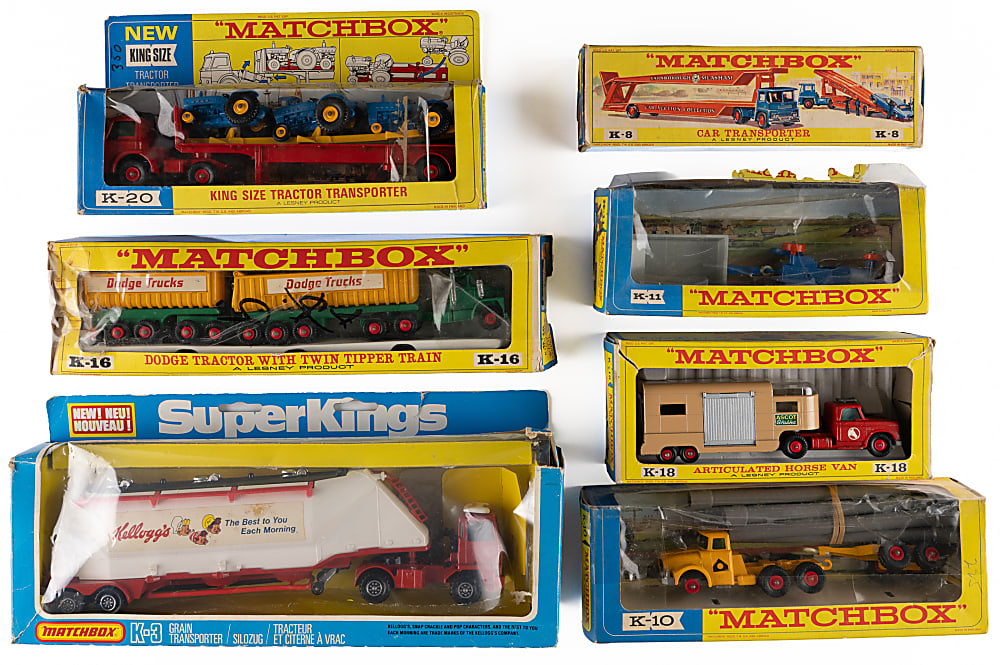 1960s-1980s Matchbox K Series Collection in Original Factory Boxes (23) with K-20 King Size Tractor Transporter