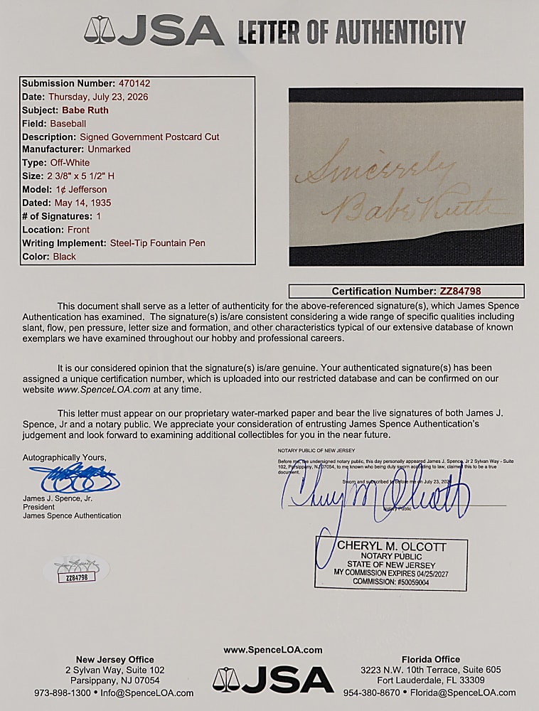 1935 Babe Ruth Signed Government Postcard Cut - JSA LOA