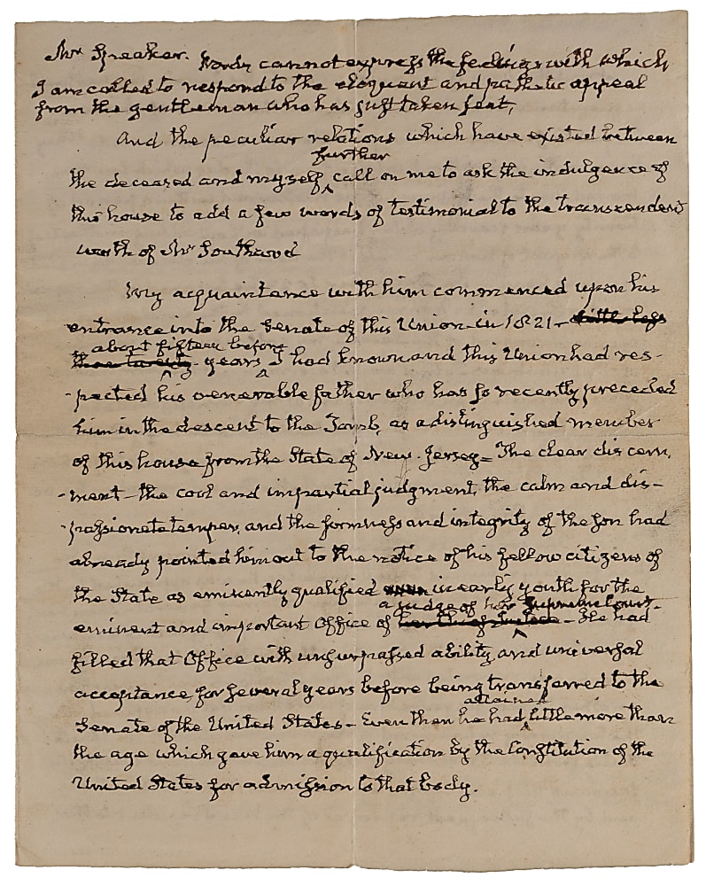 Unique 1840s John Quincy Adams Three Page Hand Written Eulogy Manuscript for Samuel L. Southard with Beckett LOA