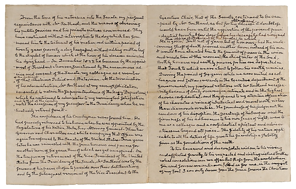 Unique 1840s John Quincy Adams Three Page Hand Written Eulogy Manuscript for Samuel L. Southard with Beckett LOA