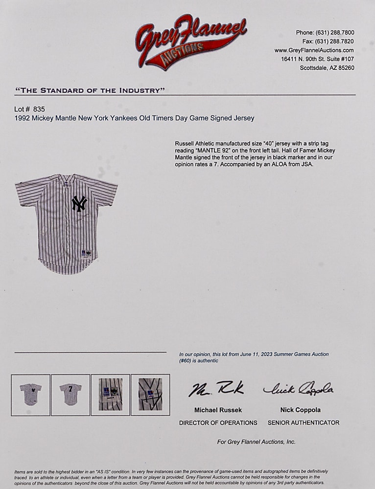 1992 Mickey Mantle Signed New York Yankees Old-Timers Day Jersey