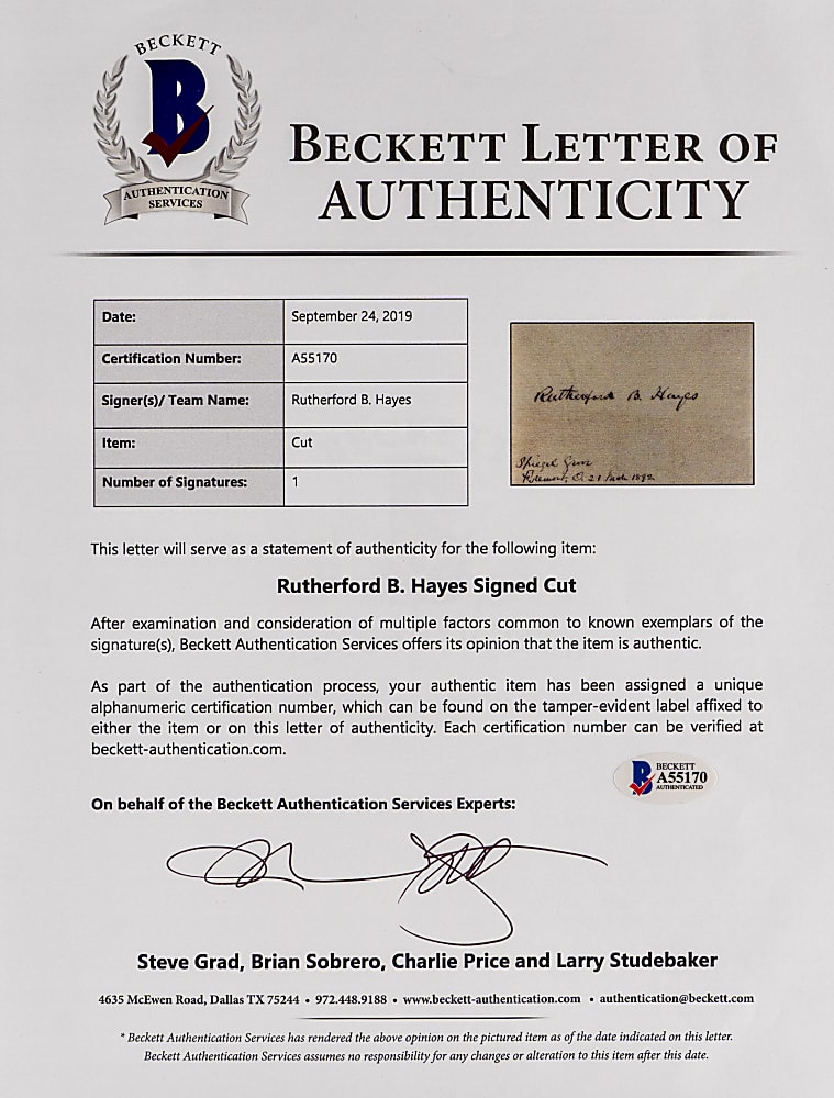 Rutherford B. Hayes Cut Signature with Beckett LOA