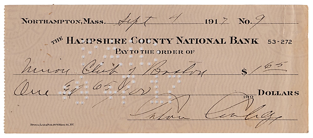 1917 Calvin Coolidge Signed Check with Beckett LOA