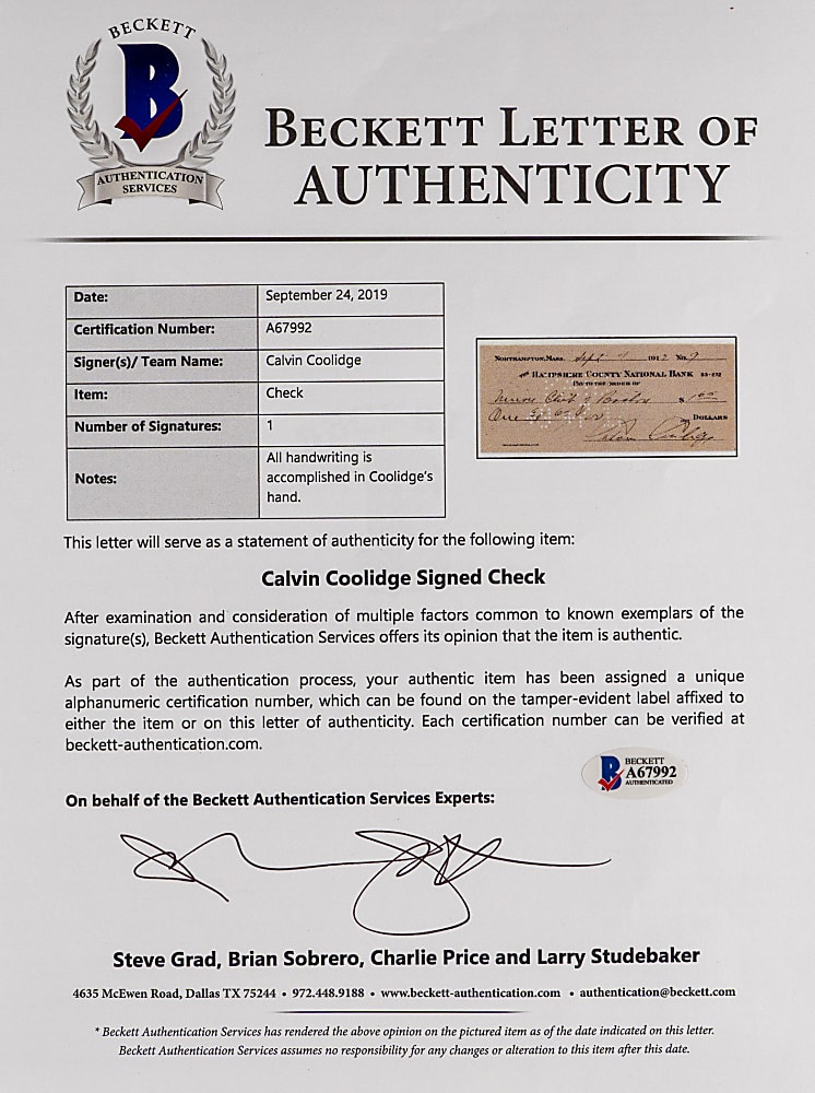 1917 Calvin Coolidge Signed Check with Beckett LOA
