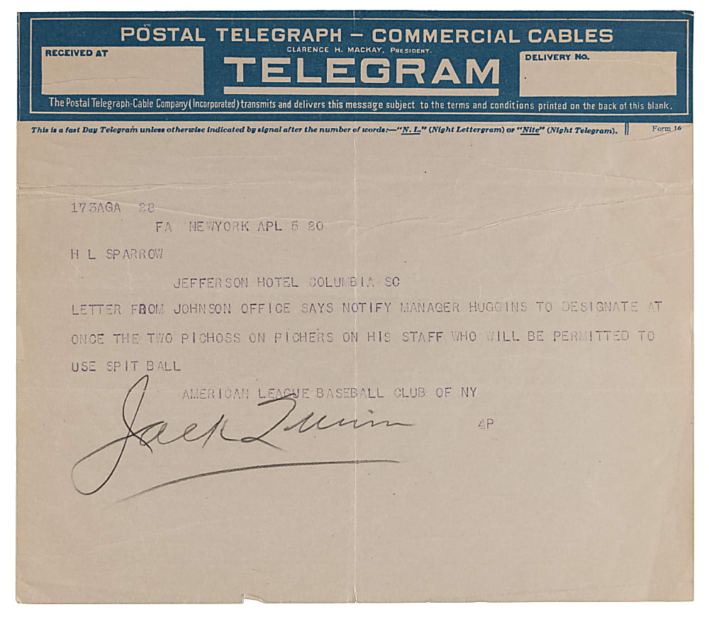 1920 Jack Quinn Signed Spit Ball Permission Telegram Addressed to Miller Huggins - Full JSA LOA