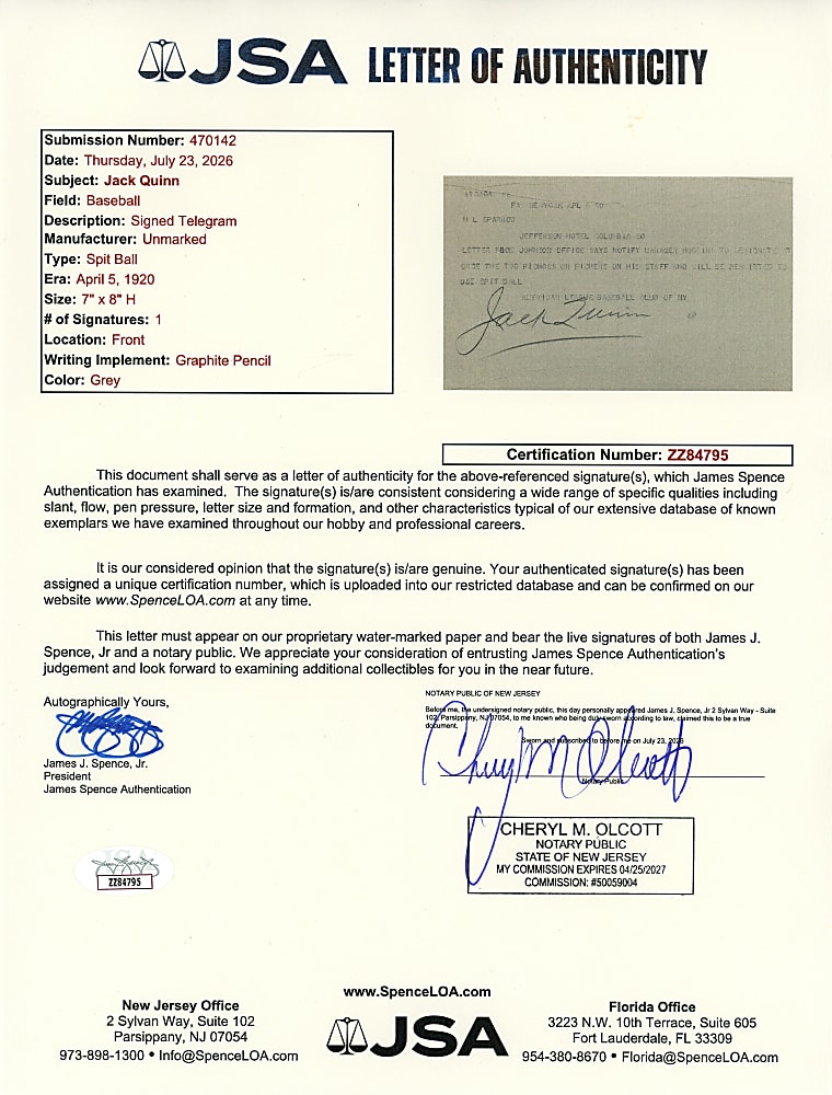 1920 Jack Quinn Signed Spit Ball Permission Telegram Addressed to Miller Huggins - Full JSA LOA