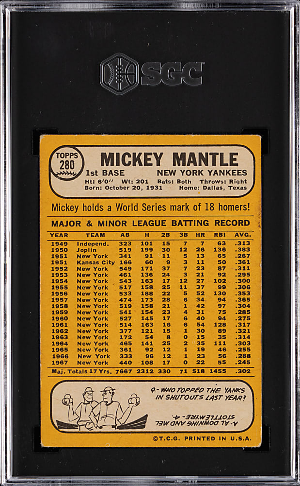 1968 Topps #280 Mickey Mantle SGC VG 3