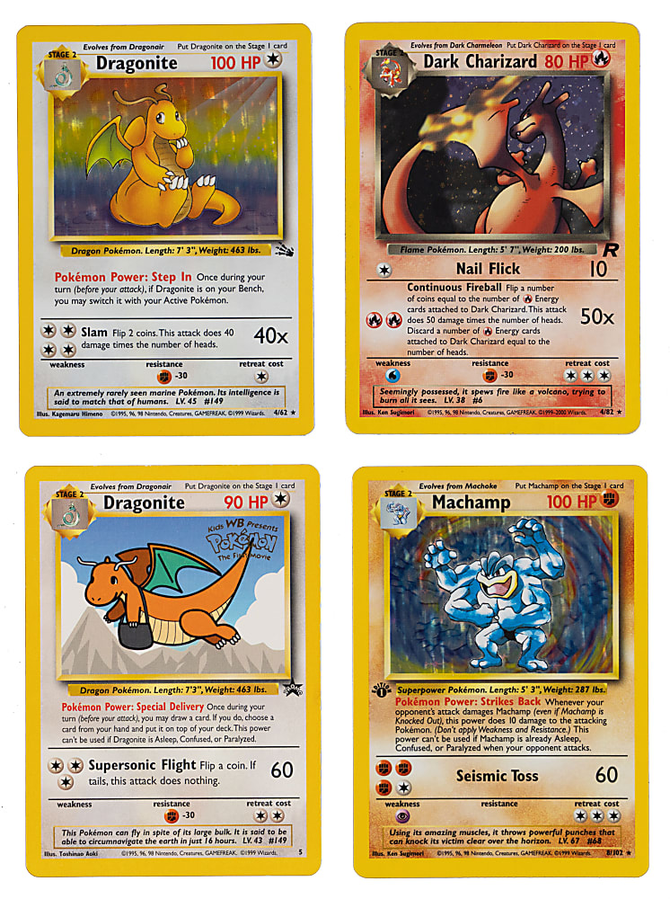 1999-2000 Pokémon Tougher Cards (4) with Rocket Dark Charizard #4/82 & Fossil Dragonite #4/62 Holofoils
