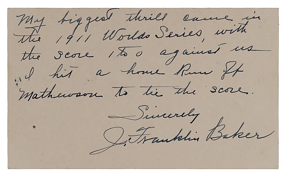 J. Franklin Baker "Most Thrilling Experience" Handwritten and Signed Index Card - 1911 World Series Home Run Off Mathewson - JSA