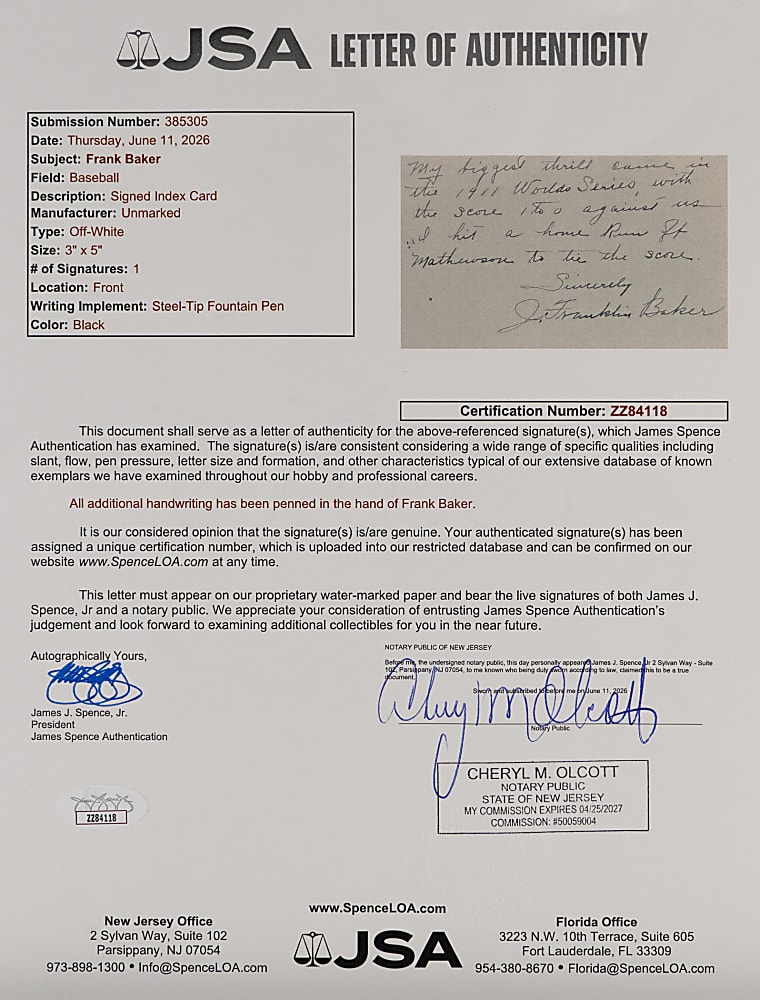 J. Franklin Baker "Most Thrilling Experience" Handwritten and Signed Index Card - 1911 World Series Home Run Off Mathewson - JSA