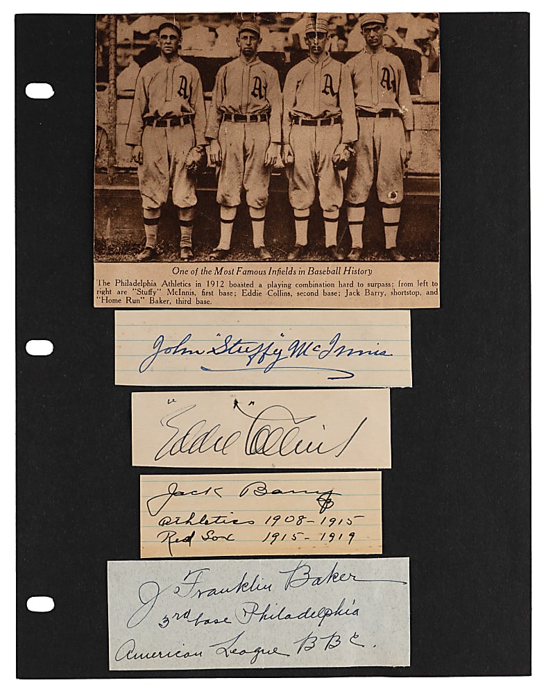 Philadelphia Athletics "$100,000 Infield" Cut Signature Display with Eddie Collins, Frank Baker, Stuffy McInnis, and Jack Barry - JSA